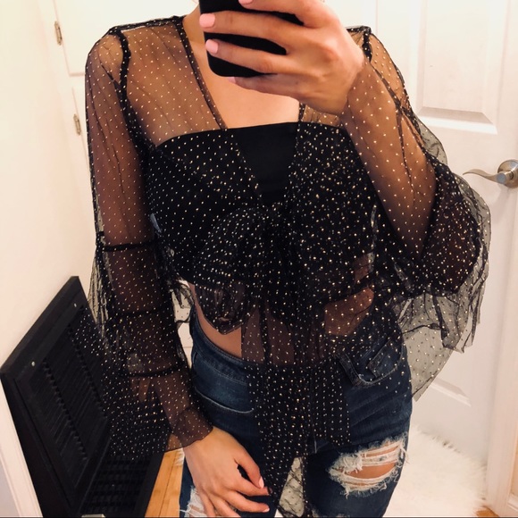 🍒 LAST ONE Black Mesh Cropped Top with Gold Dots - Picture 2 of 6